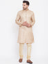 Vastramay Men's Beige And Gold Silk Blend Kurta Pyjama Set